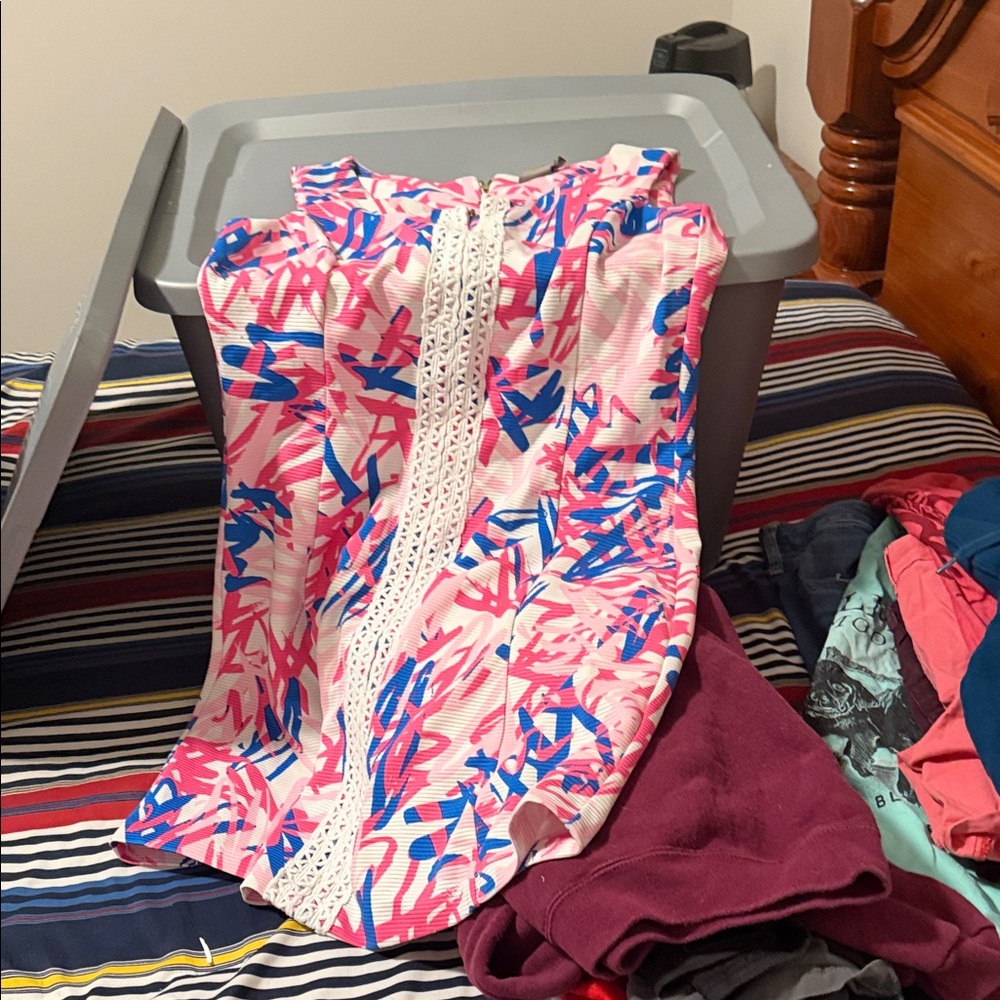 Taylor Pink and Blue Abstract Midi Dress